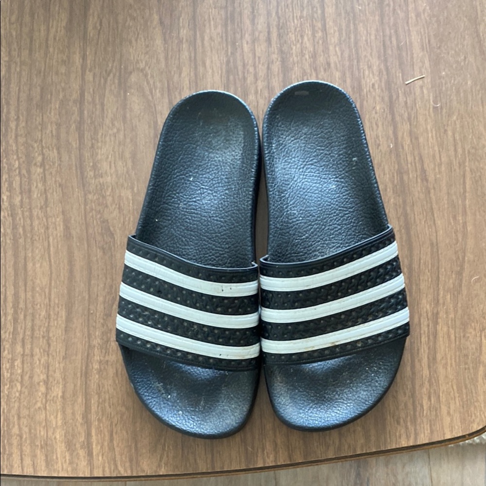 Adidas Black Slides with White Stripes